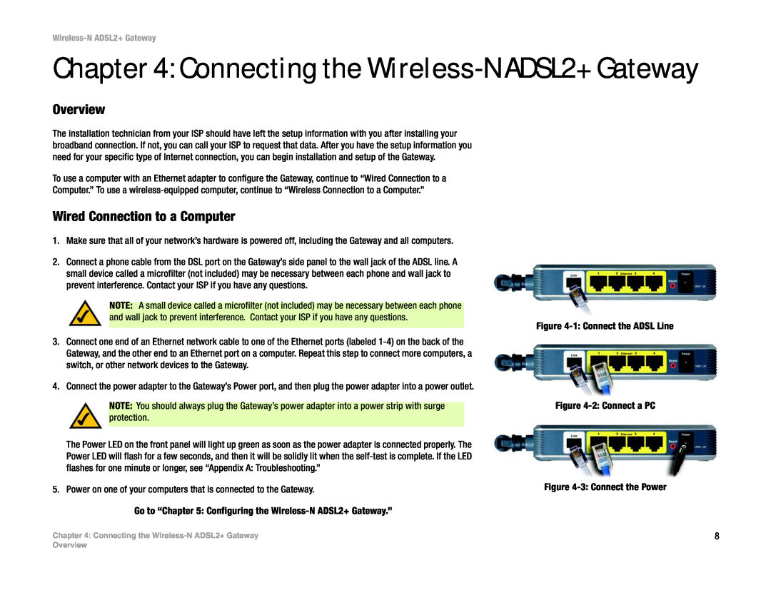 Linksys wag300n (eu, la) manual Connecting the Wireless-N ADSL2+ Gateway, Overview, Wired Connection to a Computer 
