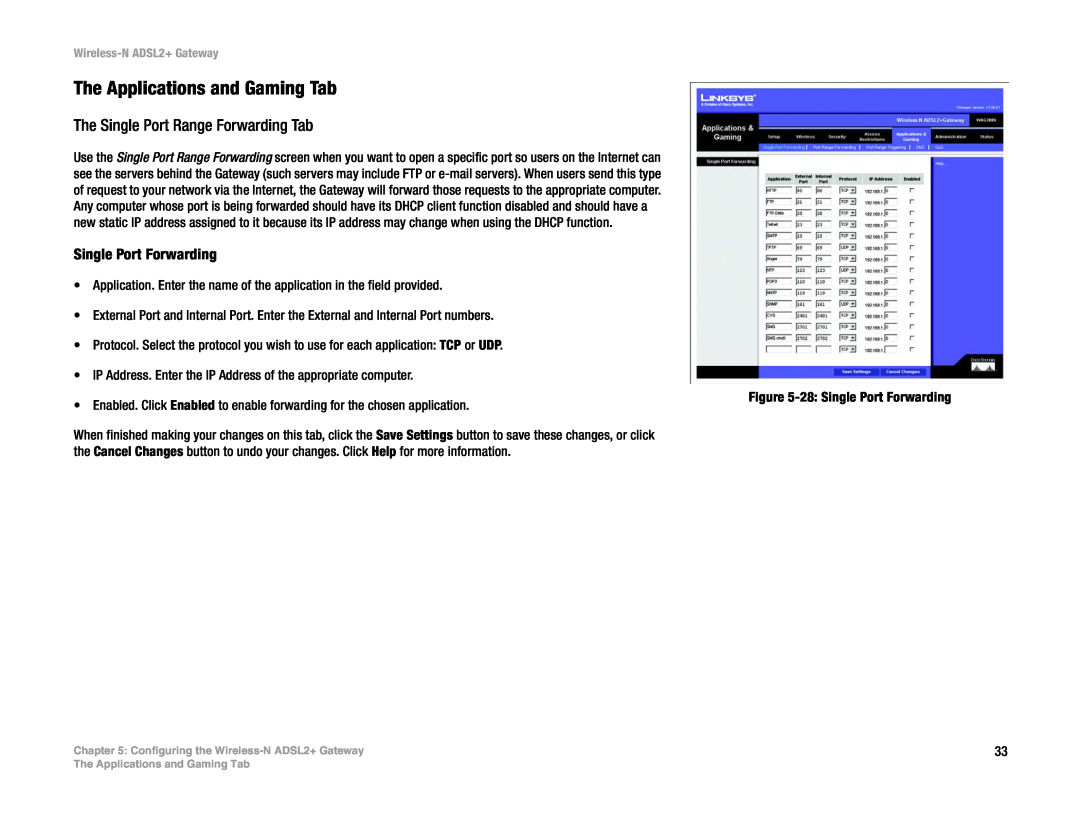 Linksys la), wag300n (eu manual The Applications and Gaming Tab, Single Port Forwarding, Wireless-N ADSL2+ Gateway 