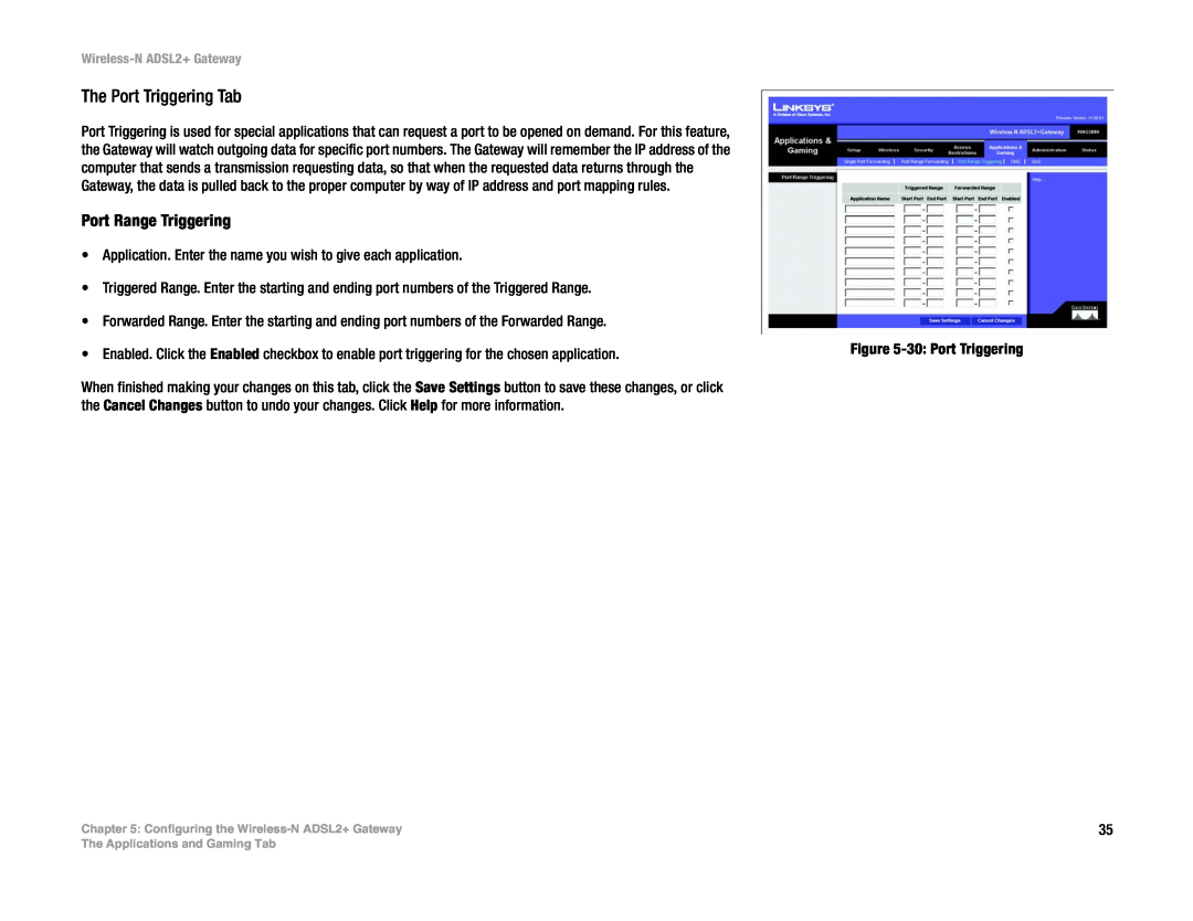 Linksys la), wag300n (eu manual The Port Triggering Tab, Port Range Triggering 