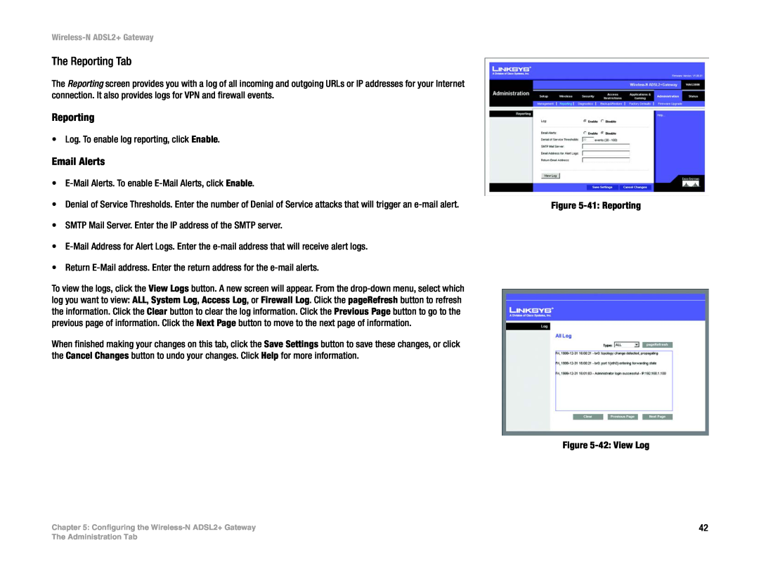 Linksys wag300n (eu, la) manual The Reporting Tab, Email Alerts 