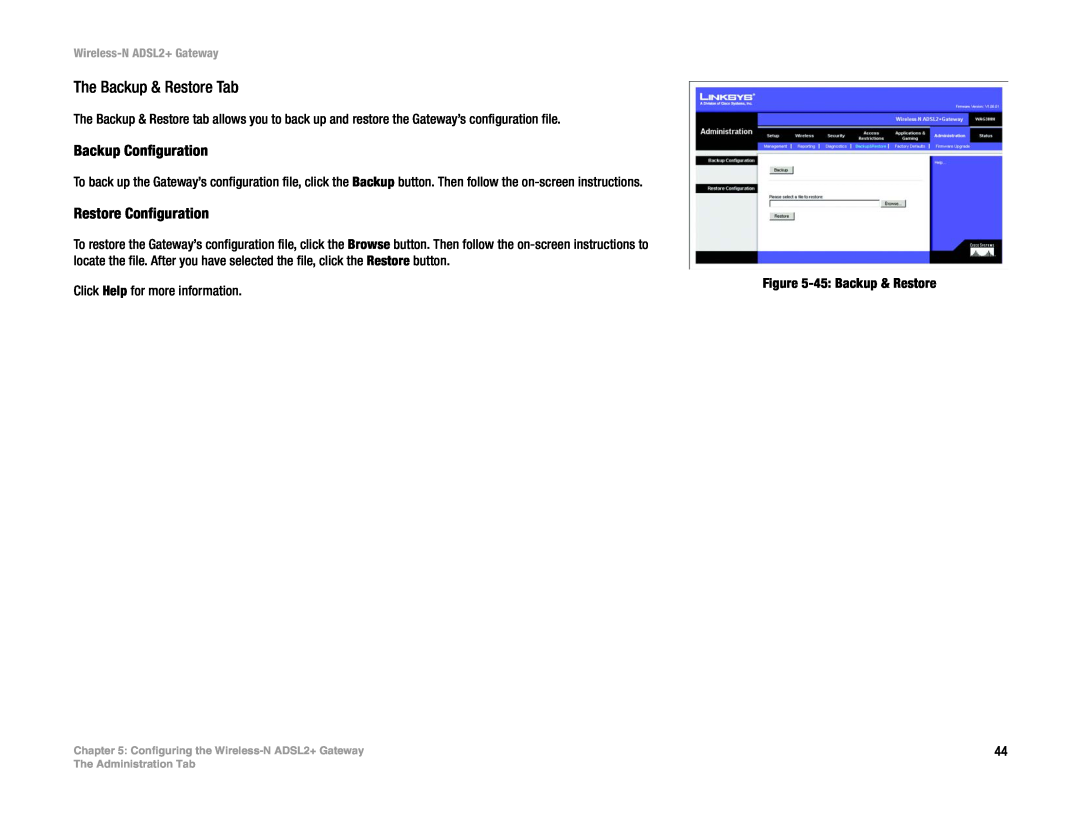 Linksys wag300n (eu, la) manual The Backup & Restore Tab, Backup Configuration, Restore Configuration 