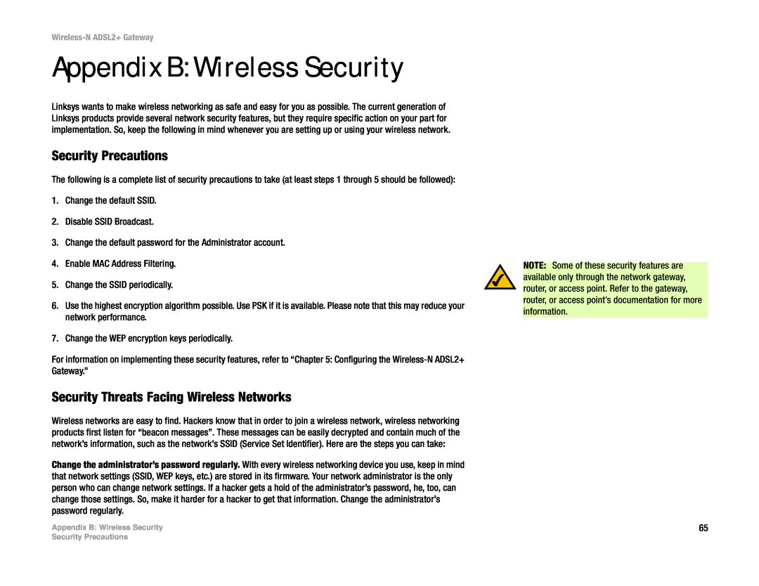Linksys la), wag300n (eu Appendix B Wireless Security, Security Precautions, Security Threats Facing Wireless Networks 