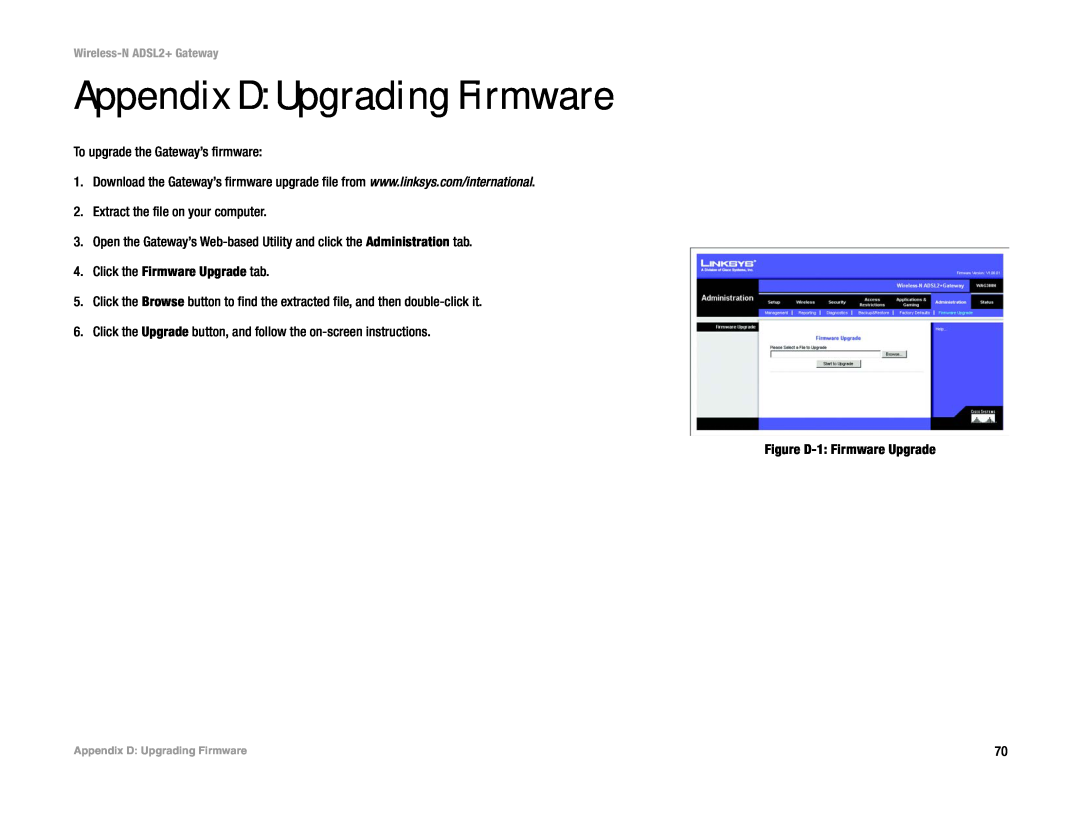 Linksys wag300n (eu, la) manual Appendix D Upgrading Firmware 