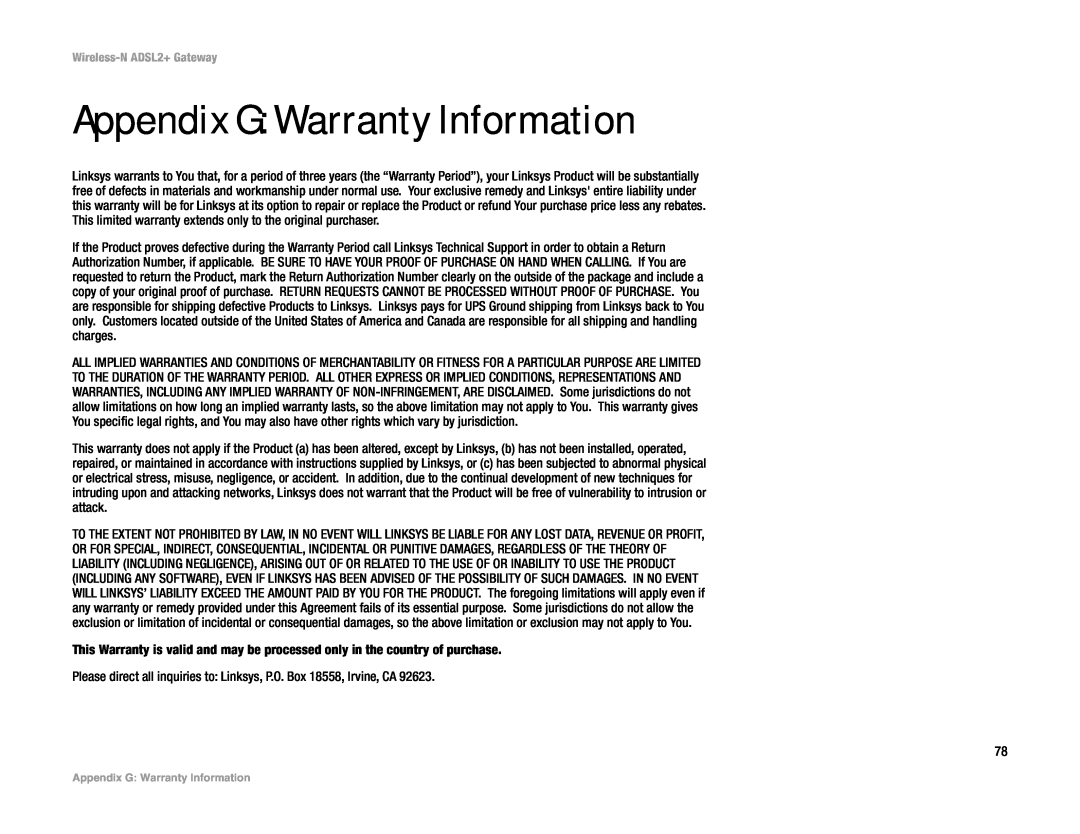 Linksys wag300n (eu, la) manual Appendix G Warranty Information 