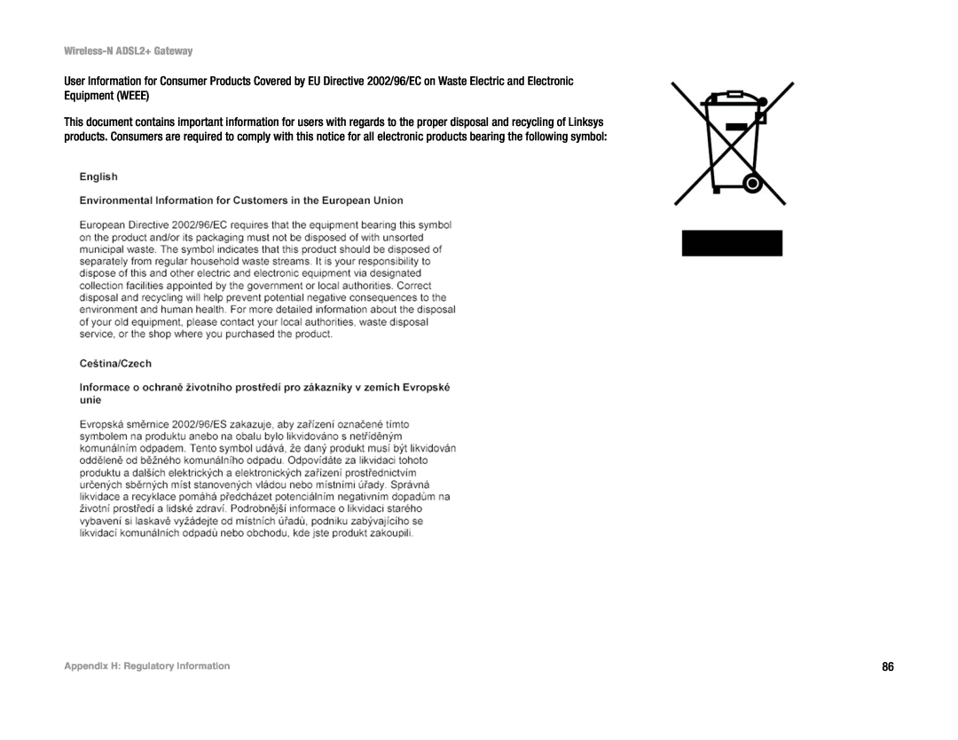 Linksys wag300n (eu, la) manual Wireless-N ADSL2+ Gateway, Appendix H Regulatory Information 