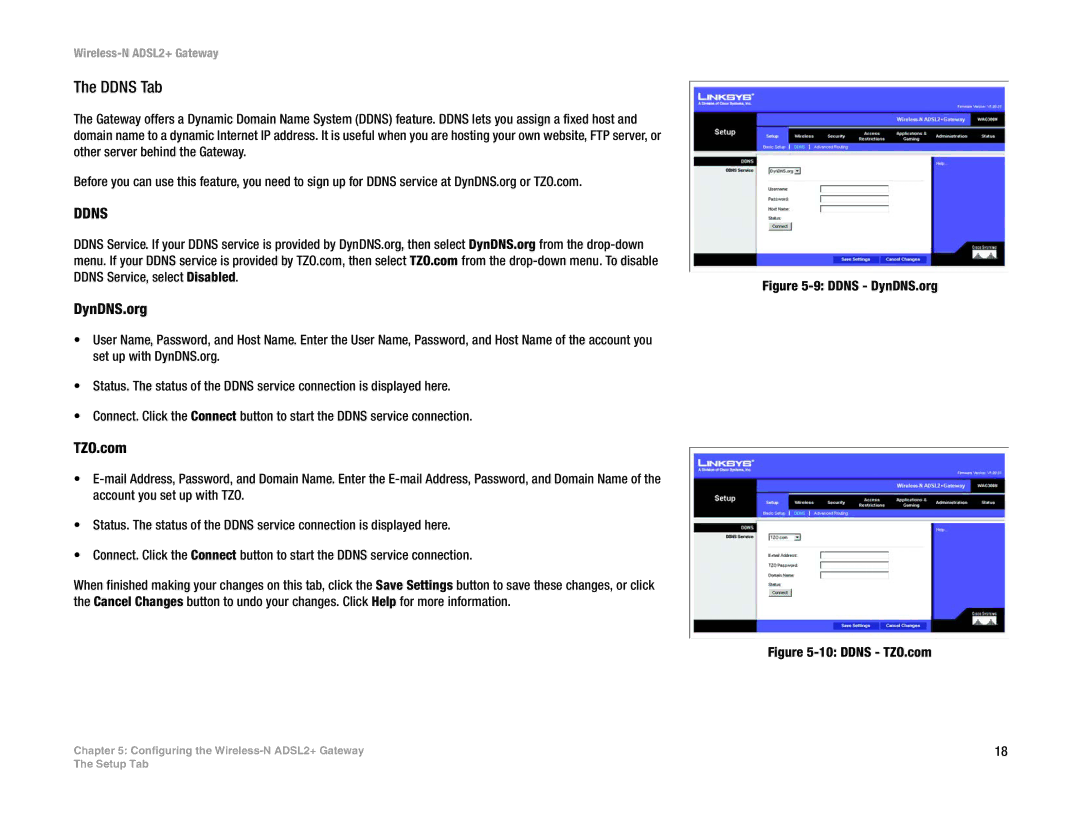 Linksys WAG300N manual Ddns Tab, DynDNS.org, TZO.com 