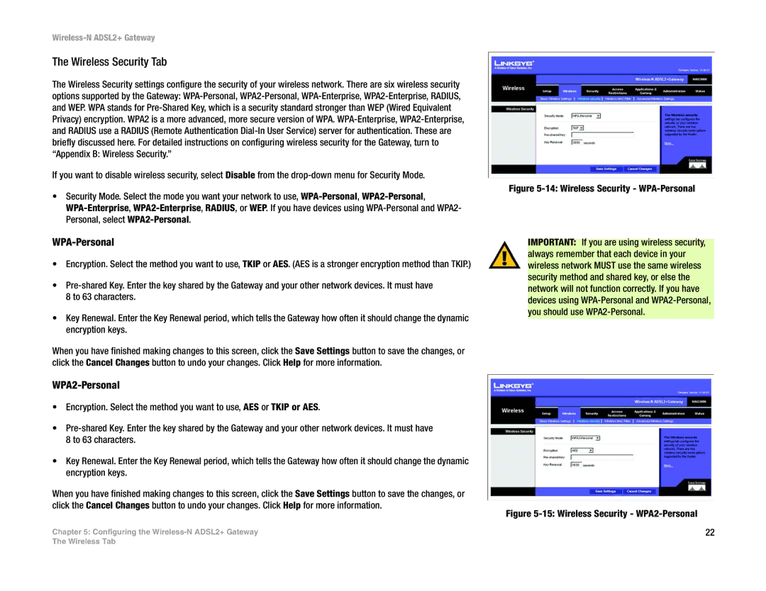 Linksys WAG300N manual Wireless Security Tab, WPA-Personal, WPA2-Personal 