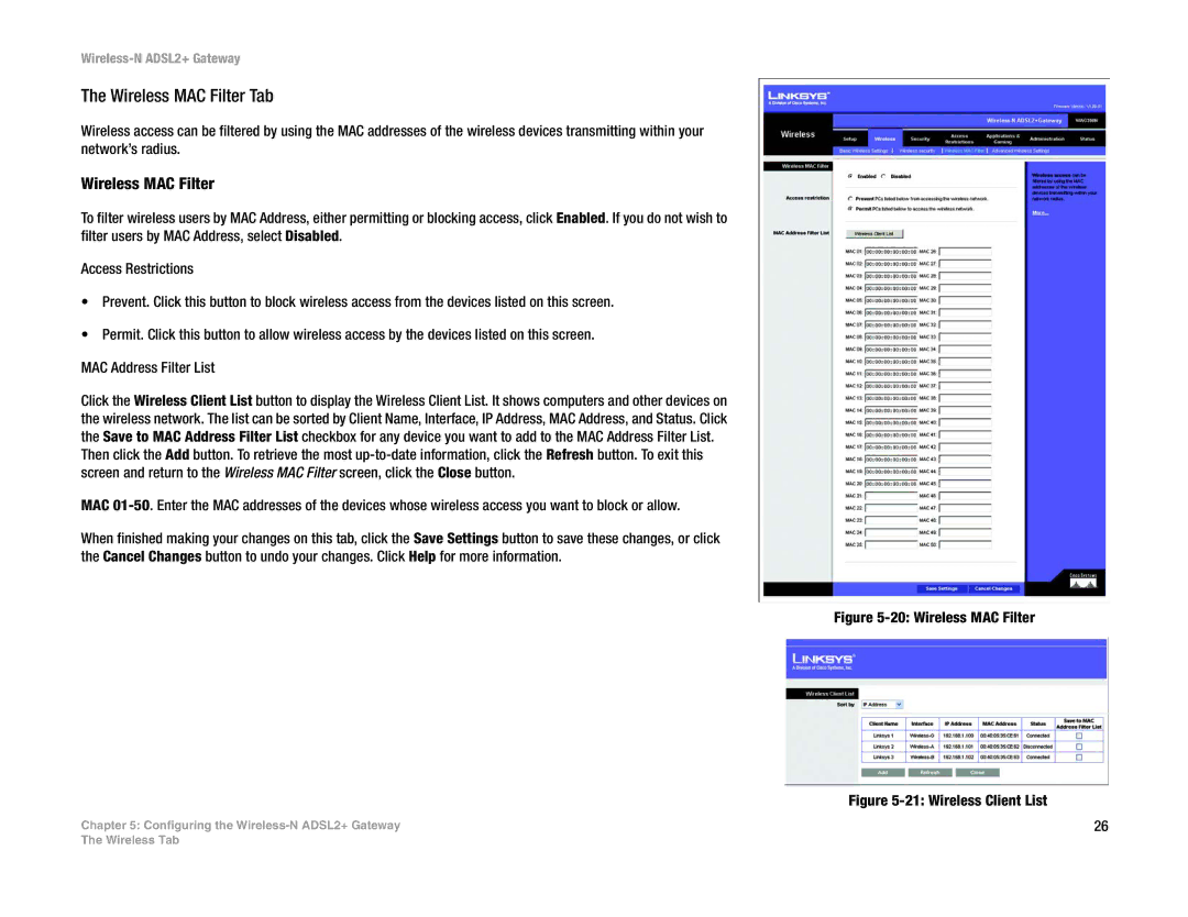 Linksys WAG300N manual Wireless MAC Filter Tab 