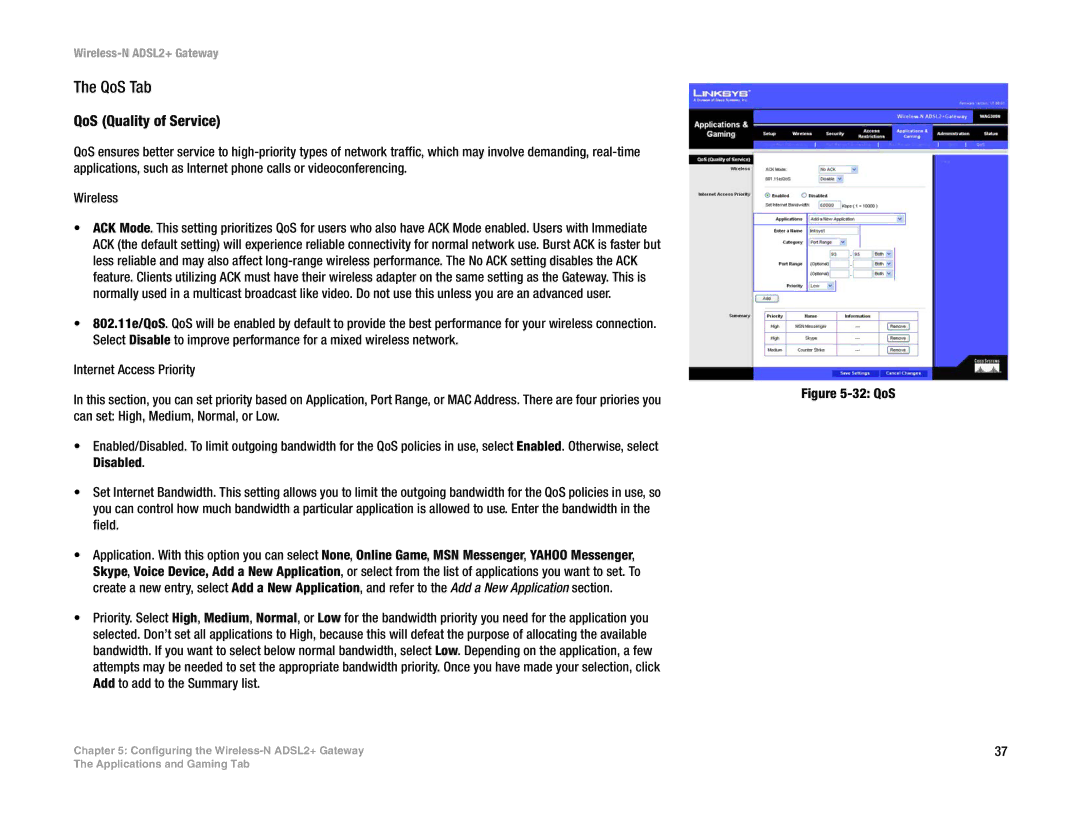 Linksys WAG300N manual QoS Tab, QoS Quality of Service 
