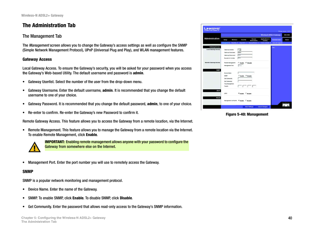 Linksys WAG300N manual Administration Tab, Management Tab, Gateway Access 