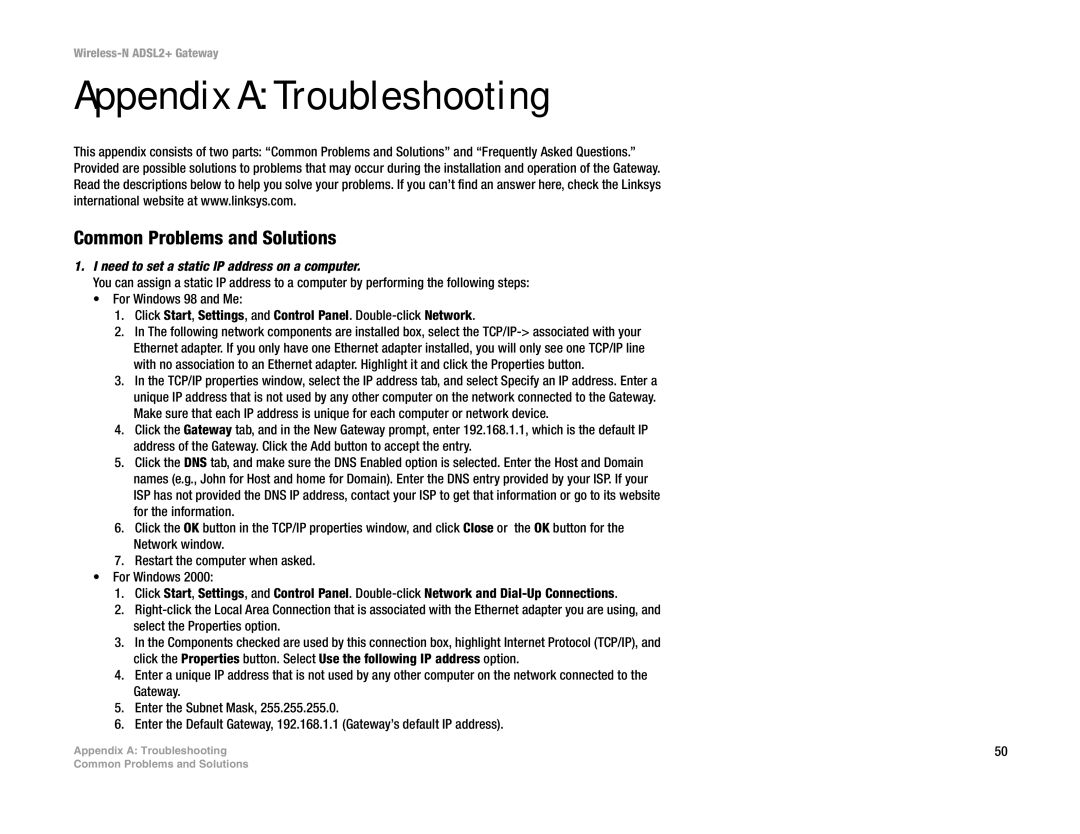 Linksys WAG300N Appendix a Troubleshooting, Common Problems and Solutions, Need to set a static IP address on a computer 