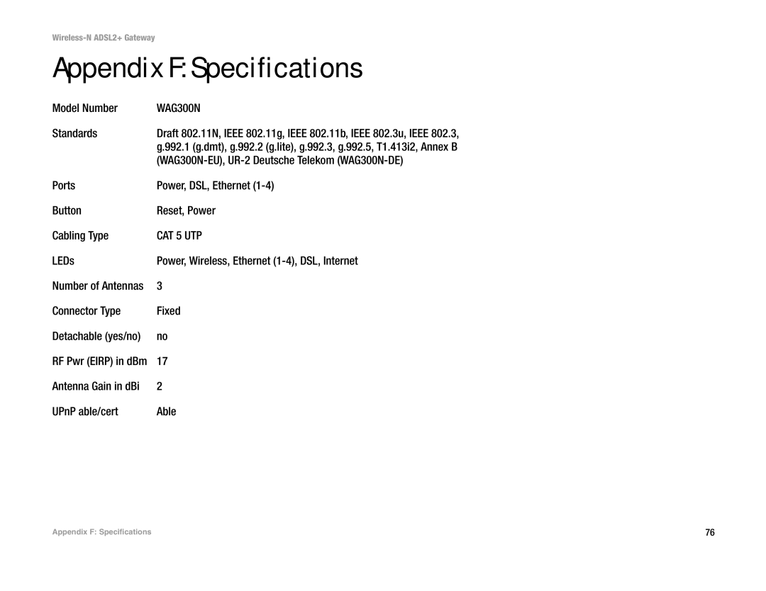 Linksys WAG300N manual Appendix F Specifications 