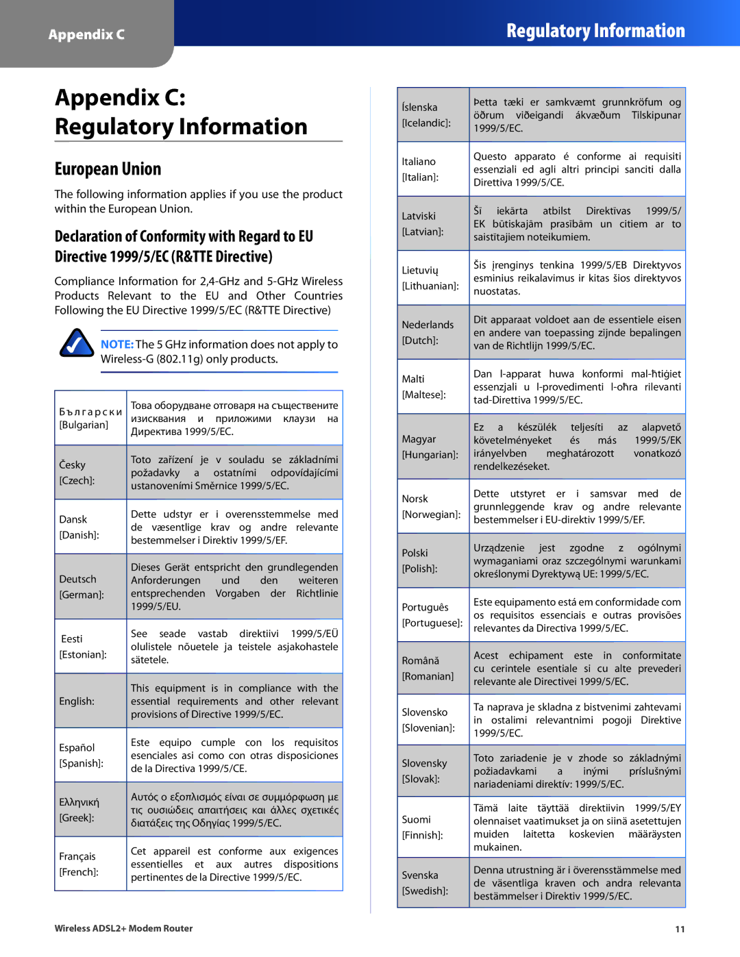 Linksys WAG120N, WAG320N, WAG160N V2 manual Appendix C Regulatory Information, European Union 