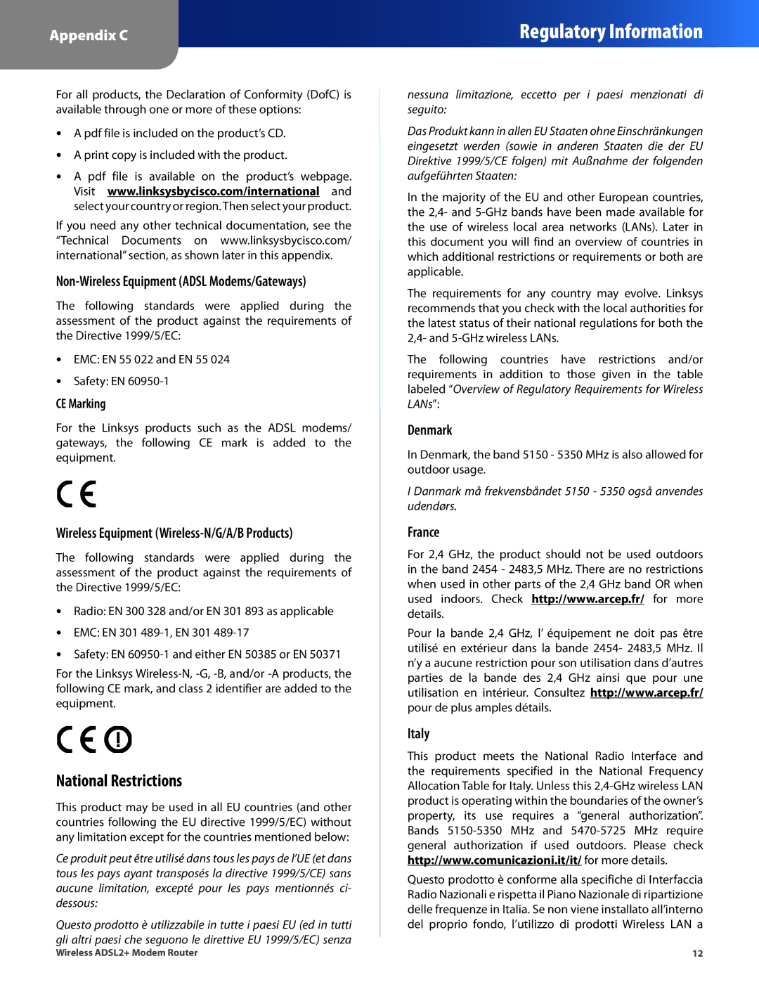 Linksys WAG320N, WAG160N V2 National Restrictions, Wireless Equipment Wireless-N/G/A/B Products, Denmark, France Italy 