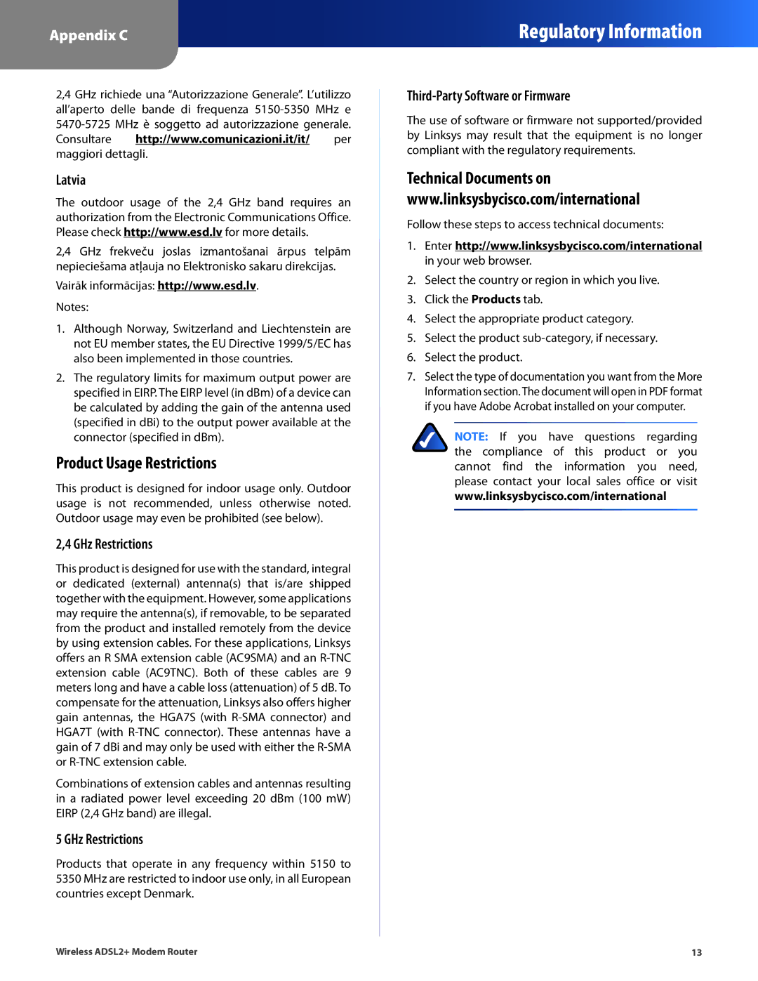 Linksys WAG160N V2, WAG320N, WAG120N Product Usage Restrictions, Latvia, GHz Restrictions, Third-Party Software or Firmware 