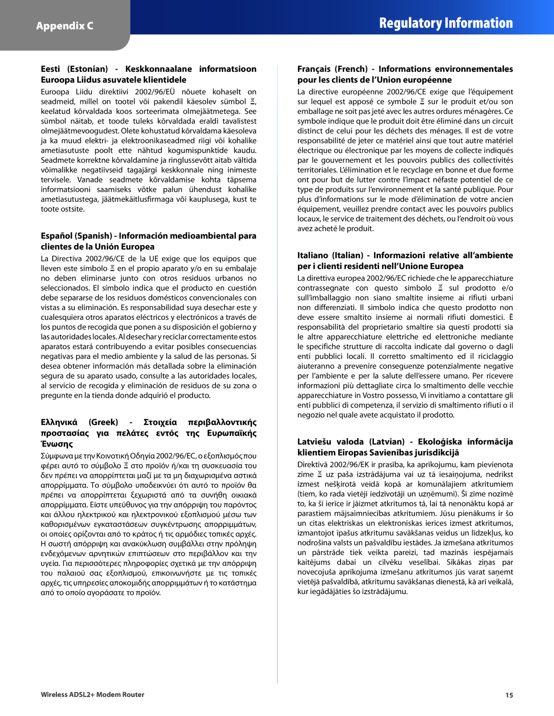 Linksys WAG320N, WAG160N V2, WAG120N manual Regulatory Information 