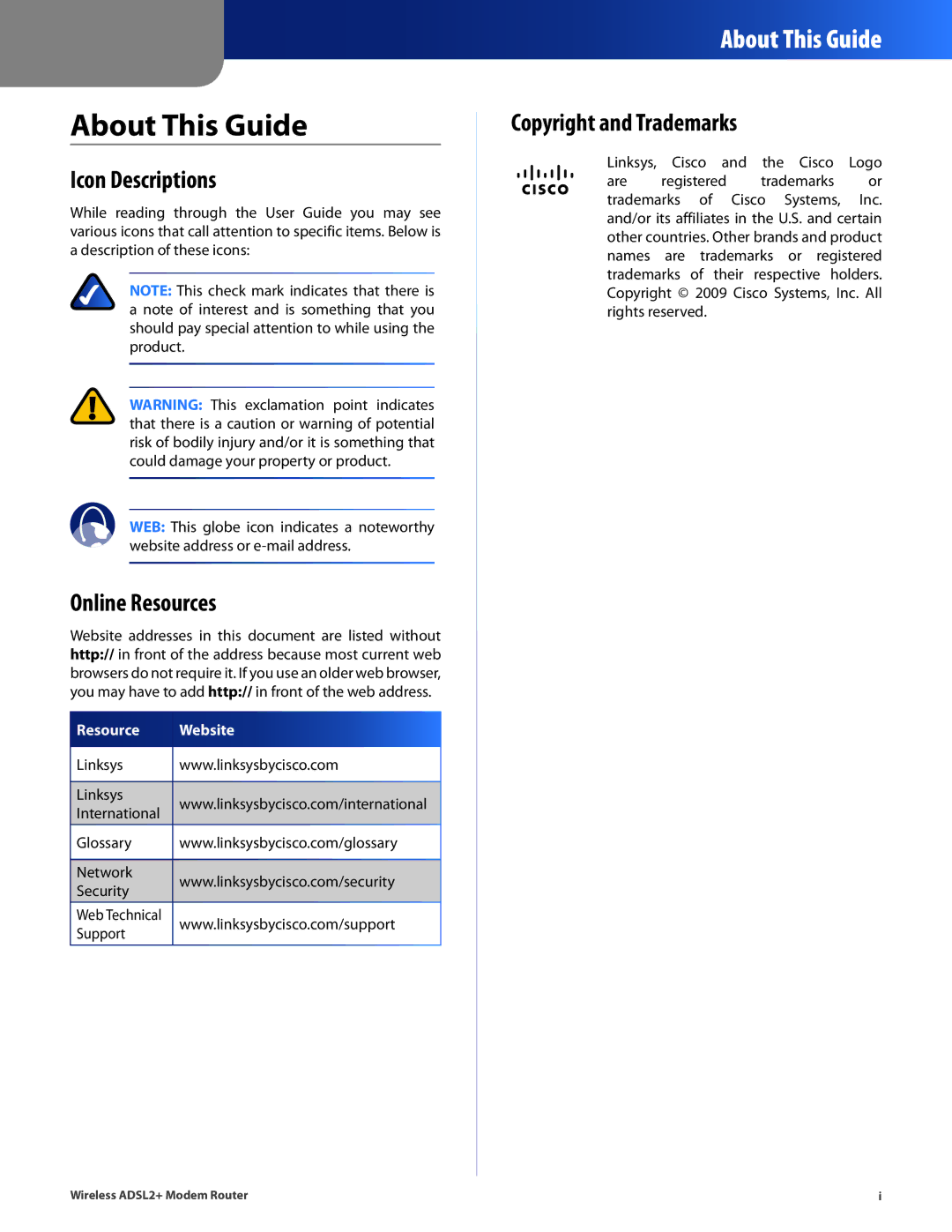 Linksys WAG120N, WAG320N, WAG160N V2 manual About This Guide, Icon Descriptions, Online Resources 