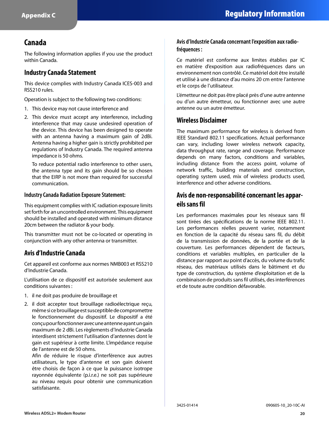 Linksys WAG120N, WAG320N, WAG160N V2 manual Industry Canada Statement, Avis d’Industrie Canada, Wireless Disclaimer 