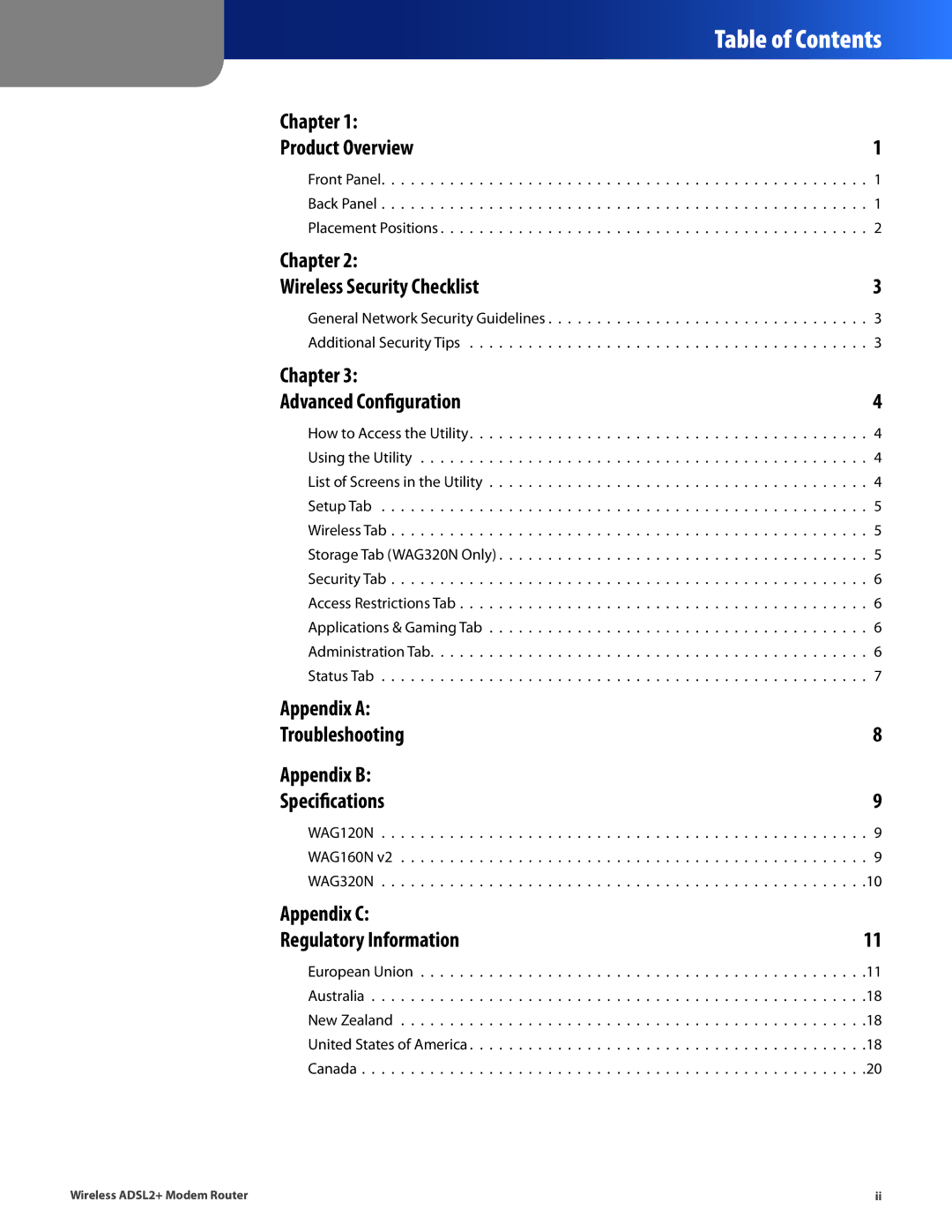 Linksys WAG320N, WAG160N V2, WAG120N manual Table of Contents 