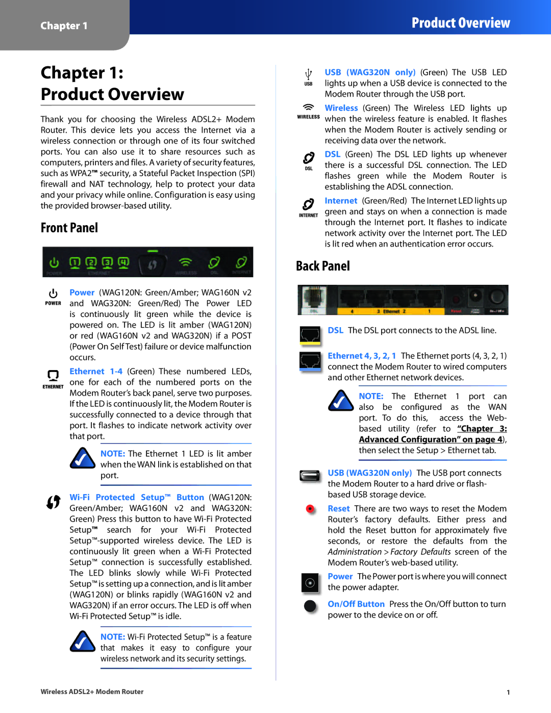 Linksys WAG160N V2, WAG320N, WAG120N manual Chapter Product Overview, Front Panel, Back Panel 