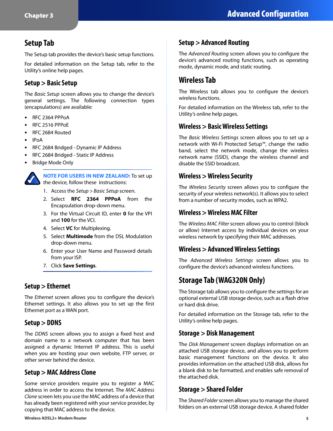 Linksys WAG120N, WAG160N V2 manual Setup Tab, Wireless Tab, Storage Tab WAG320N Only 