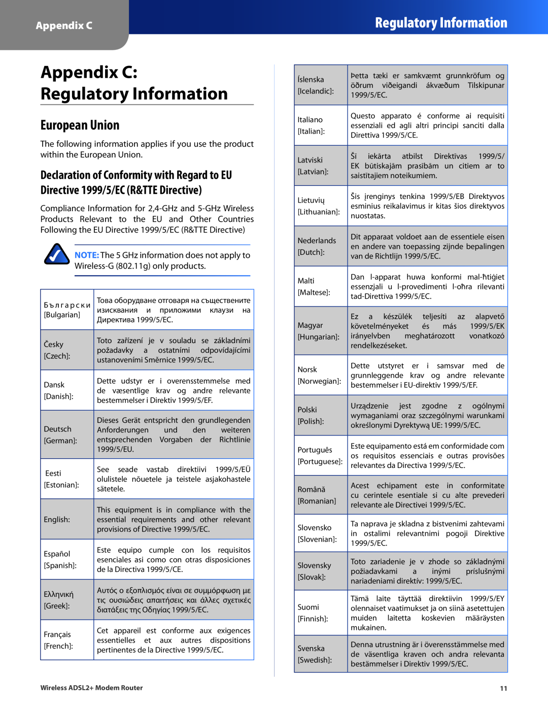 Linksys WAG120N, WAG320N, WAG160N V2 manual European Union, Appendix C Regulatory Information 