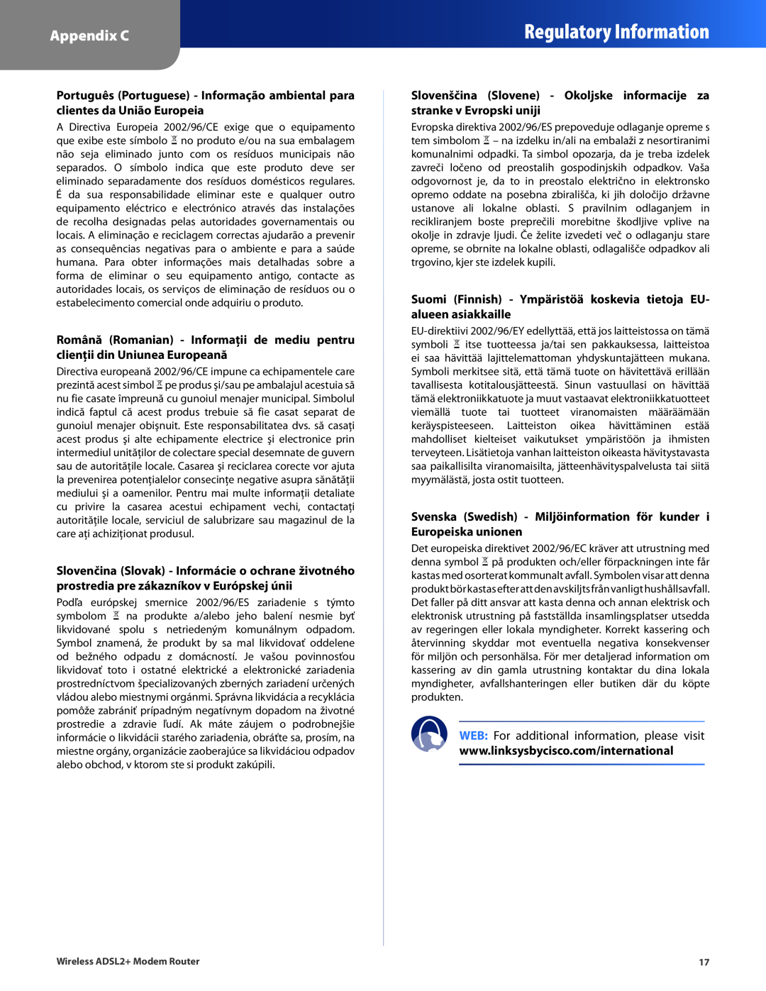 Linksys WAG120N Regulatory Information, Appendix C, Suomi Finnish - Ympäristöä koskevia tietoja EU- alueen asiakkaille 