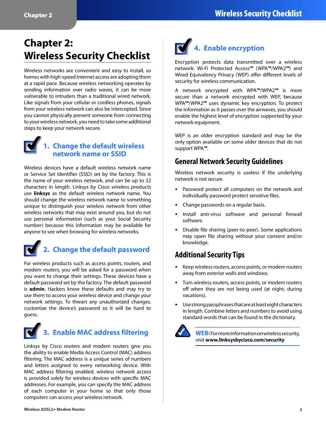 Linksys WAG320N manual Chapter Wireless Security Checklist, General Network Security Guidelines, Additional Security Tips 