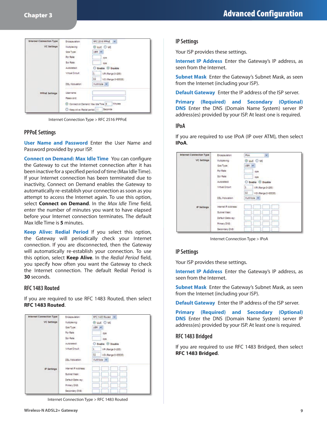 Linksys WAG325N manual PPPoE Settings, RFC 1483 Routed, IP Settings, IPoA, RFC 1483 Bridged 