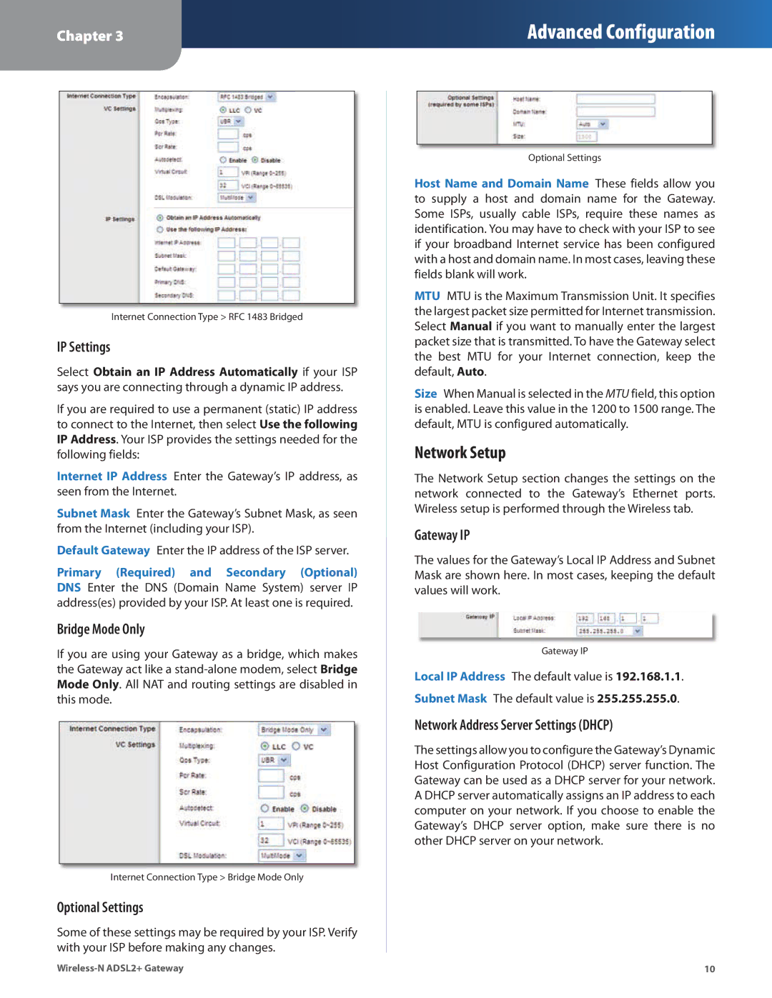 Linksys WAG325N manual Network Setup, Bridge Mode Only, Optional Settings, Gateway IP, Network Address Server Settings Dhcp 