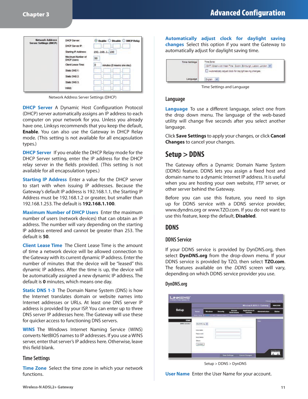 Linksys WAG325N manual Setup Ddns, Time Settings, Language, Ddns Service 