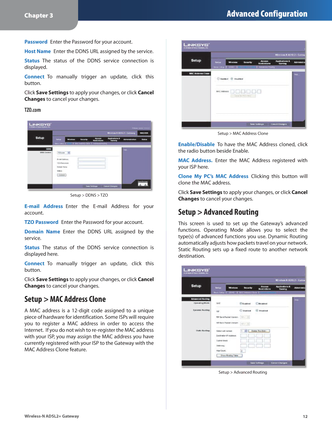 Linksys WAG325N manual Setup MAC Address Clone, Setup Advanced Routing 