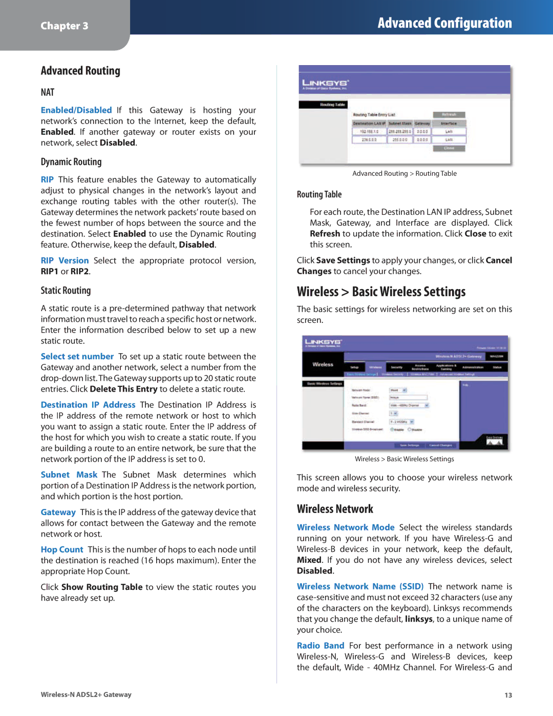 Linksys WAG325N Wireless Basic Wireless Settings, Advanced Routing, Wireless Network, Dynamic Routing, Static Routing 