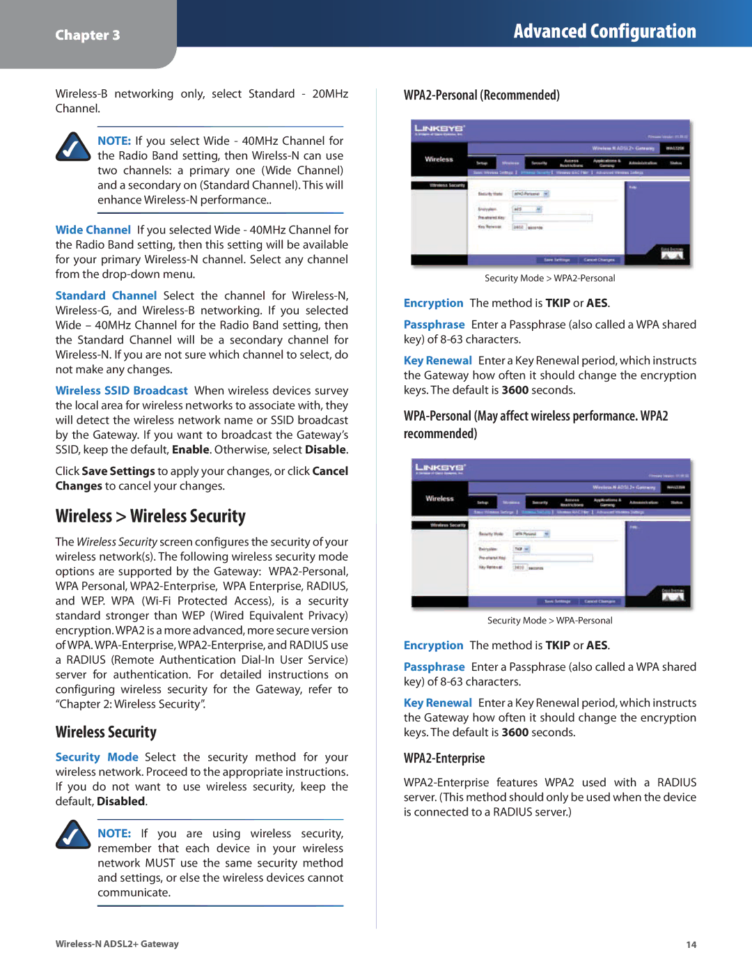 Linksys WAG325N manual Wireless Wireless Security, WPA2-Personal Recommended, WPA2-Enterprise 