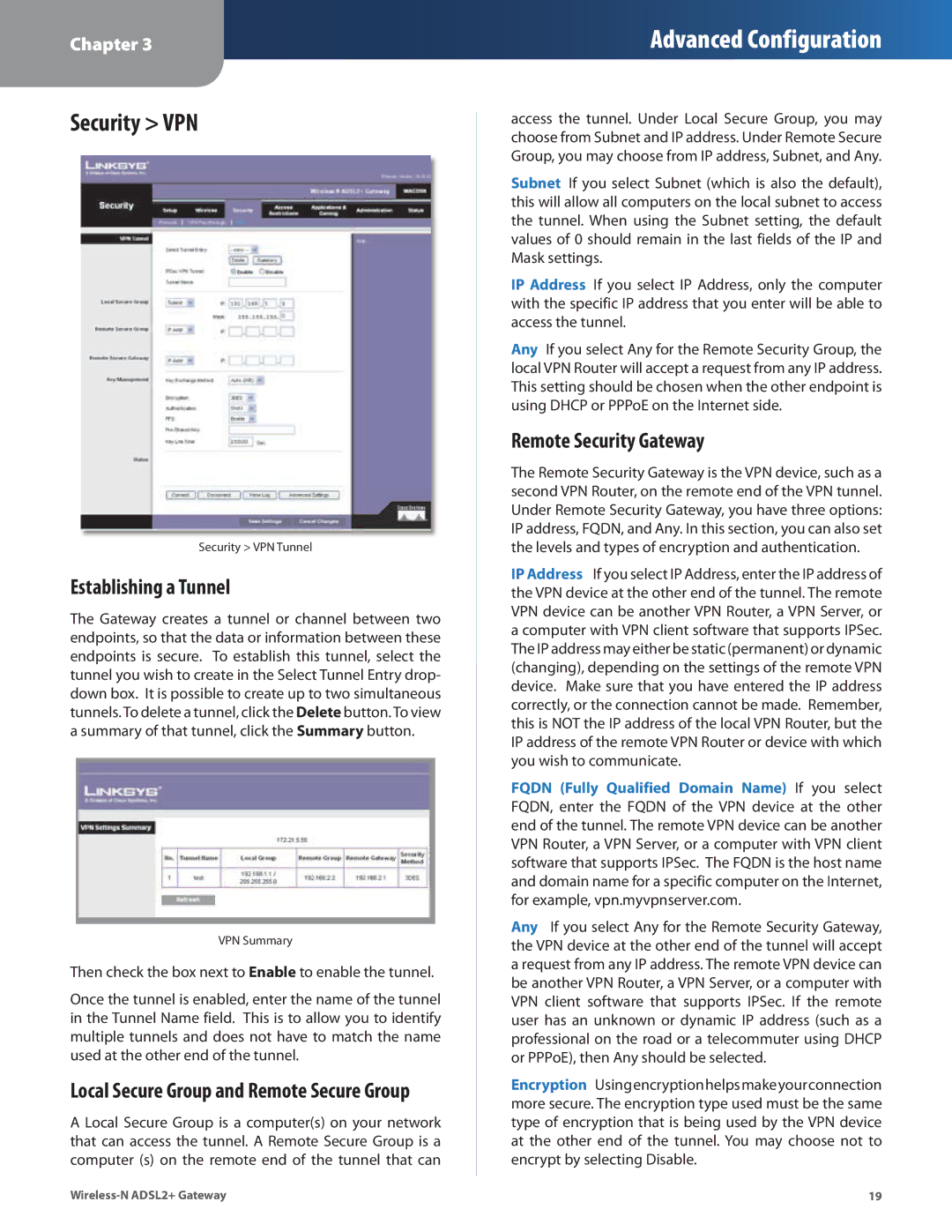 Linksys WAG325N manual Security VPN, Establishing a Tunnel, Remote Security Gateway 