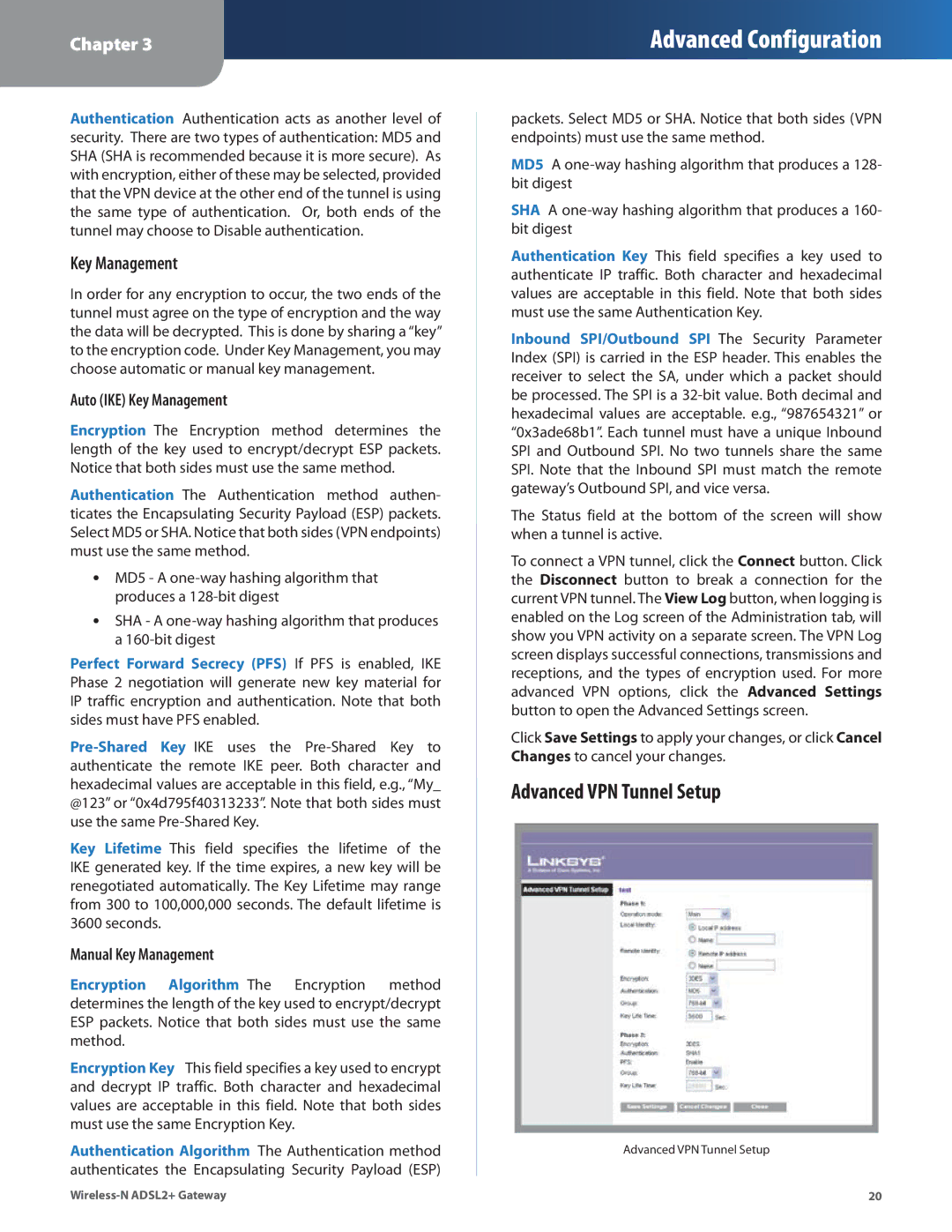 Linksys WAG325N manual Advanced VPN Tunnel Setup, Key Management 