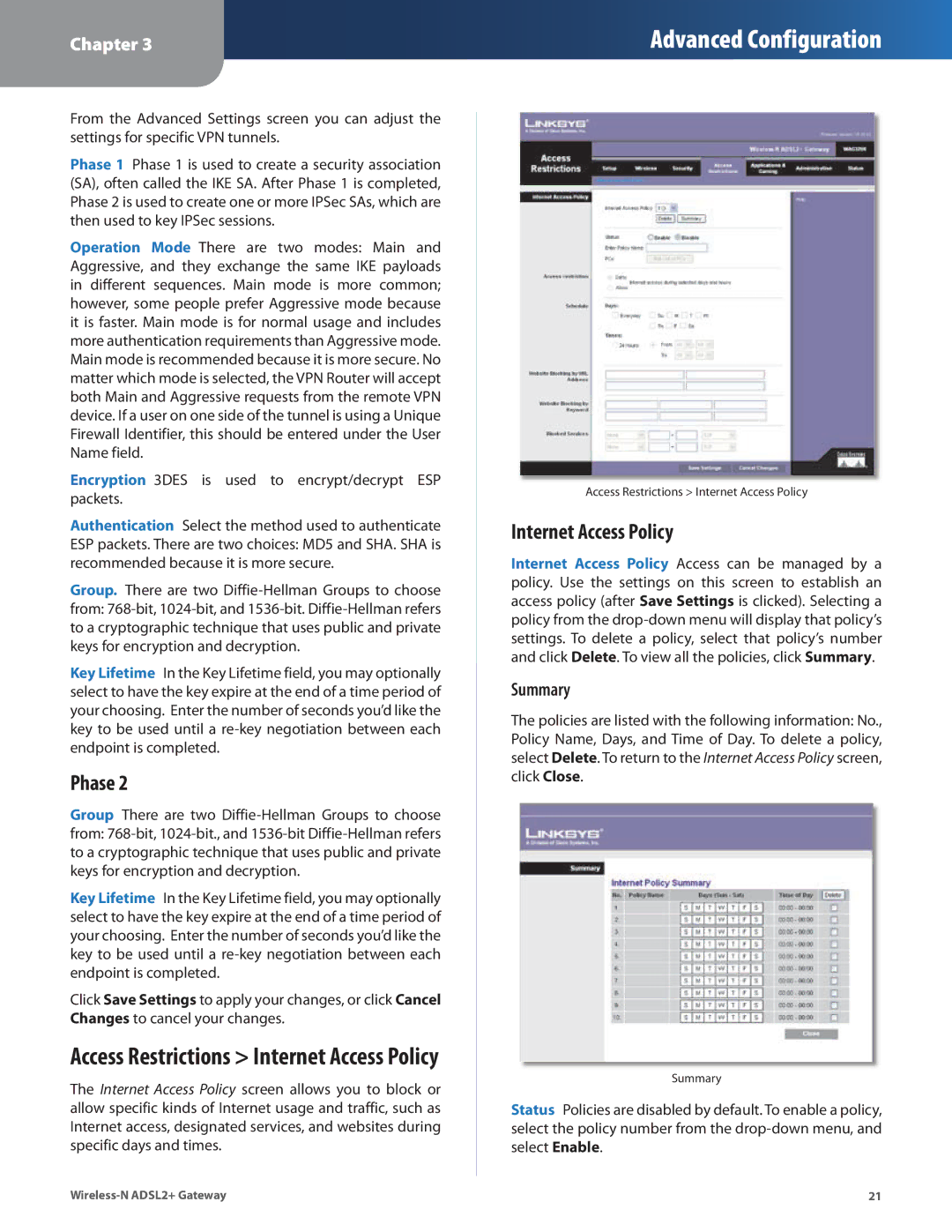 Linksys WAG325N manual Phase, Internet Access Policy, Summary 