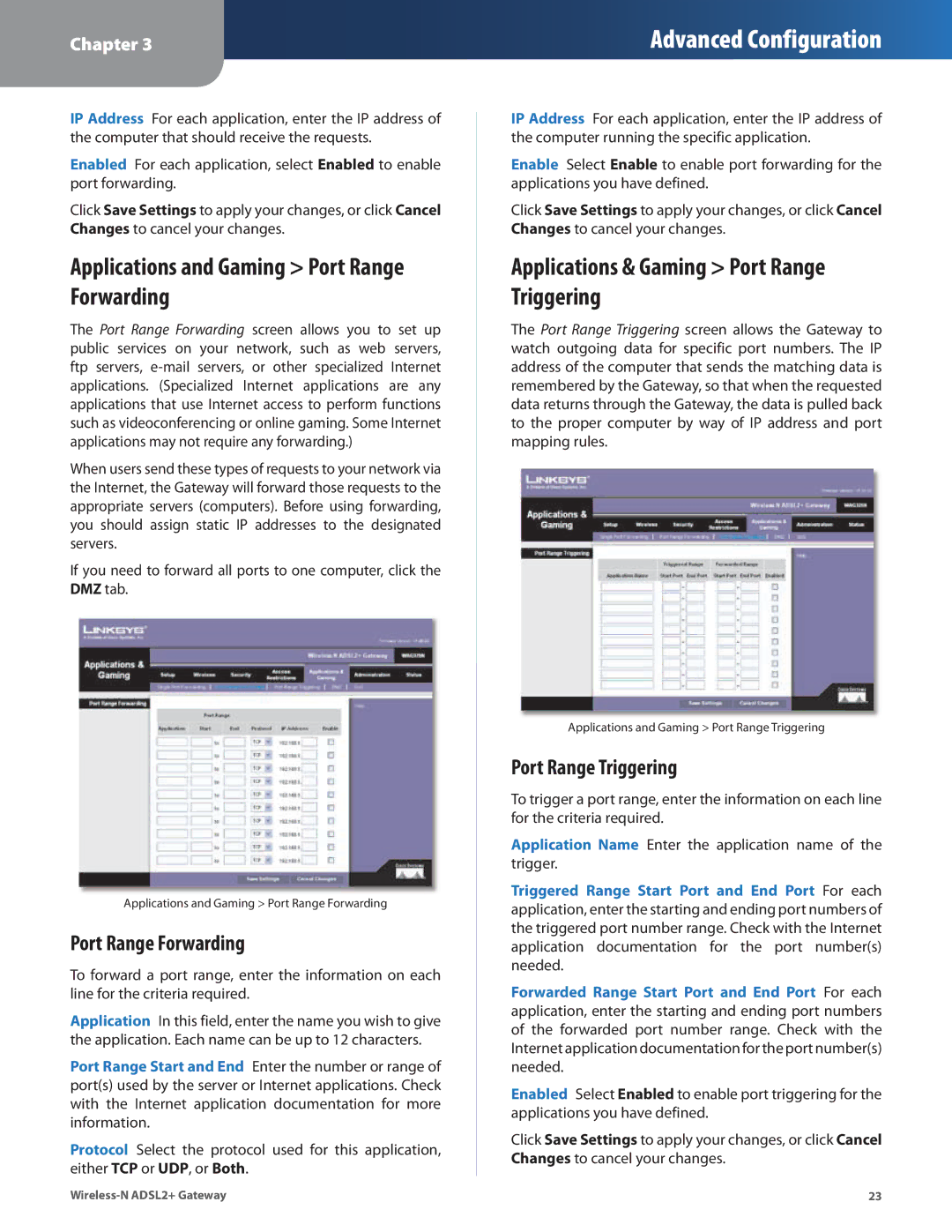 Linksys WAG325N manual Applications and Gaming Port Range Forwarding, Applications & Gaming Port Range Triggering 