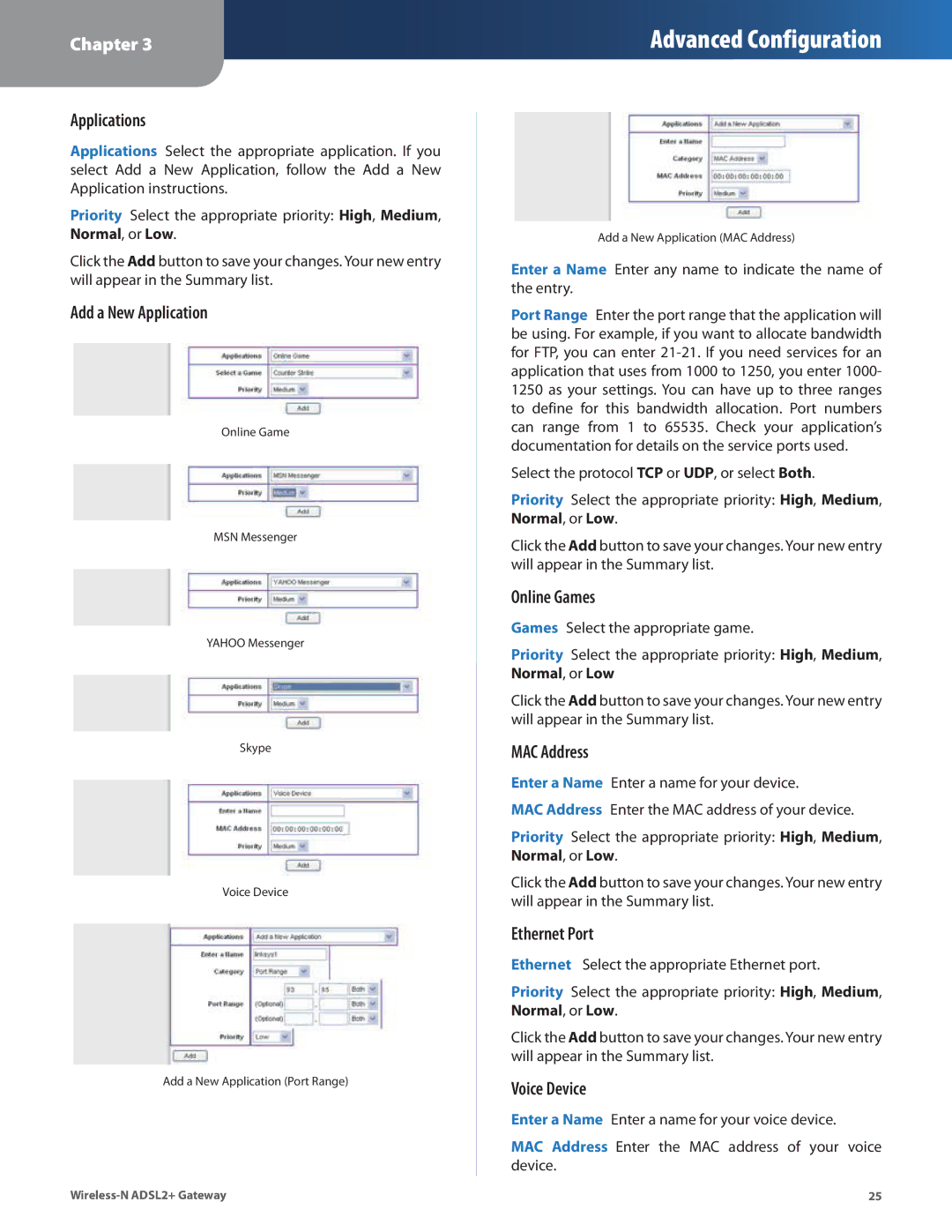 Linksys WAG325N manual Applications, Add a New Application, Online Games, MAC Address, Ethernet Port, Voice Device 