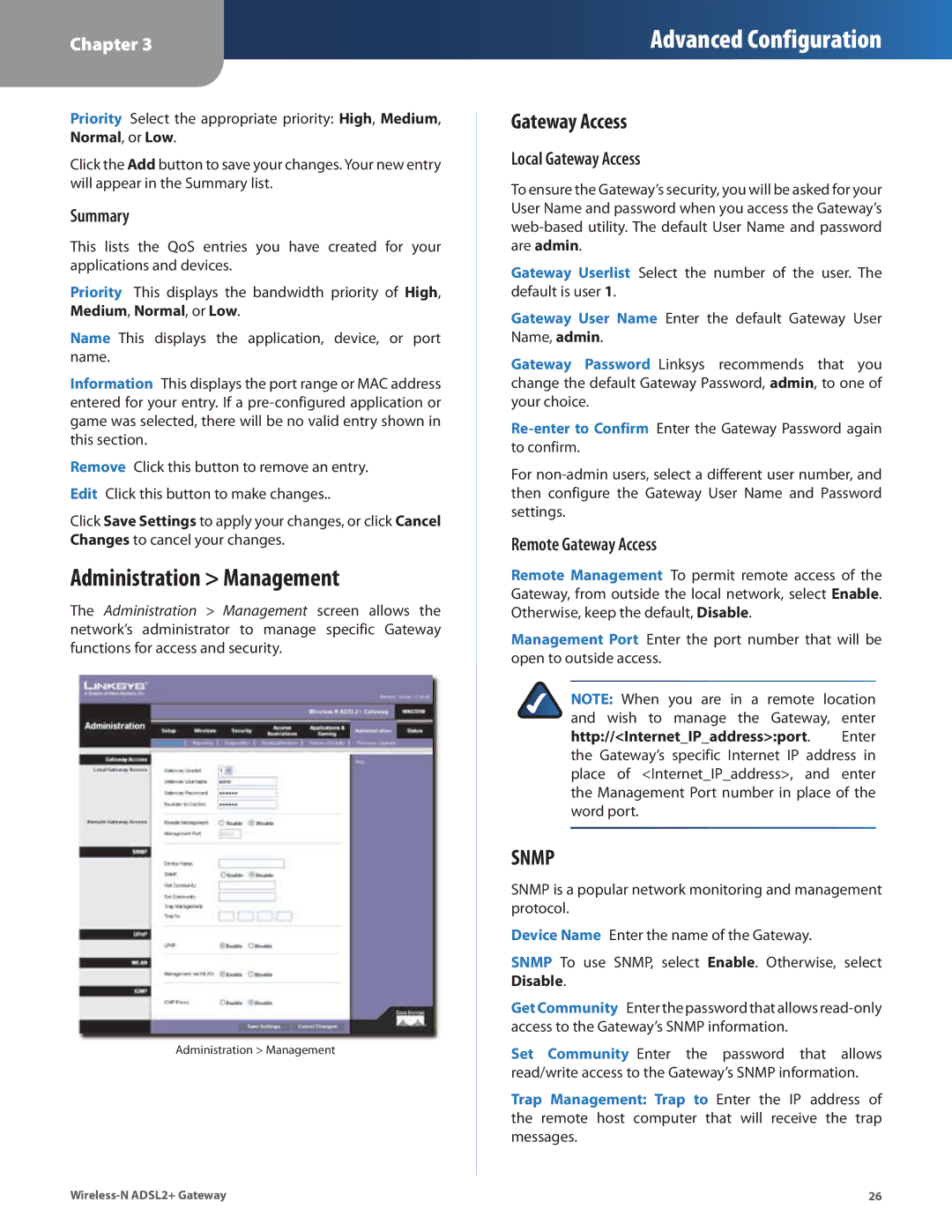 Linksys WAG325N manual Administration Management, Local Gateway Access, Remote Gateway Access 