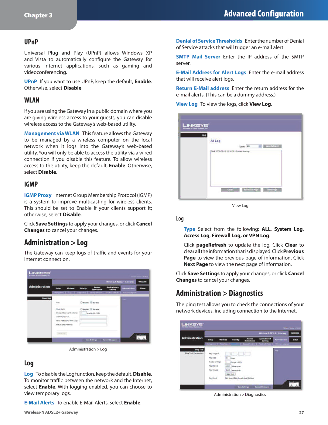 Linksys WAG325N manual Administration Log, Administration Diagnostics, UPnP 