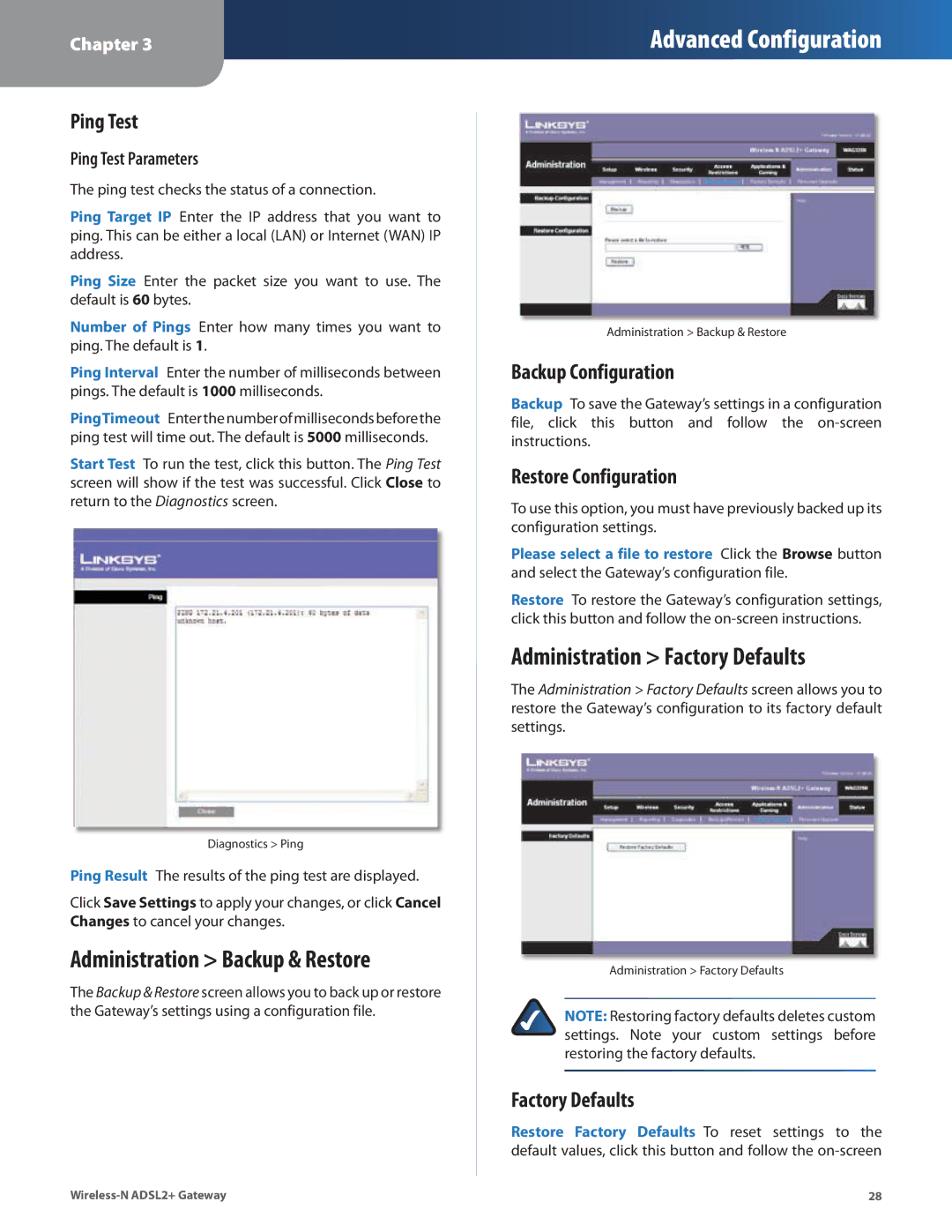 Linksys WAG325N manual Administration Backup & Restore, Administration Factory Defaults 