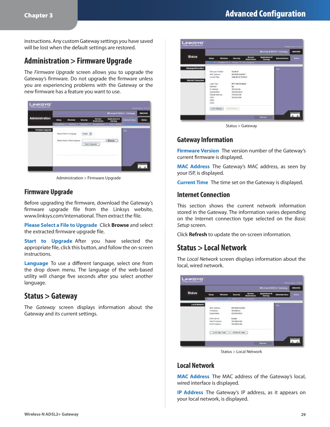 Linksys WAG325N manual Administration Firmware Upgrade, Status Gateway, Status Local Network 