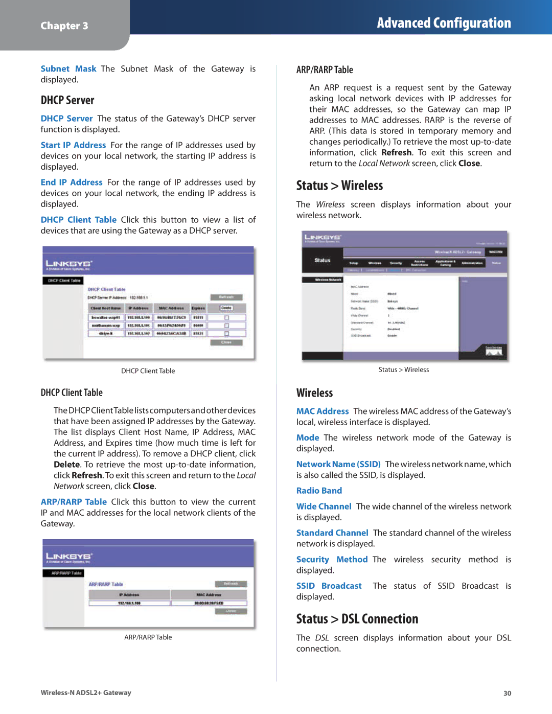 Linksys WAG325N manual Status Wireless, Status DSL Connection, Dhcp Server, Dhcp Client Table, ARP/RARP Table 