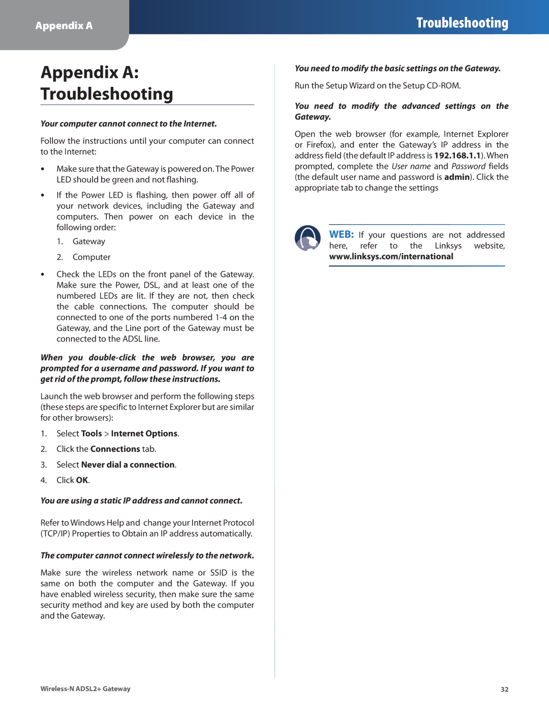 Linksys WAG325N manual Appendix a Troubleshooting, Your computer cannot connect to the Internet 