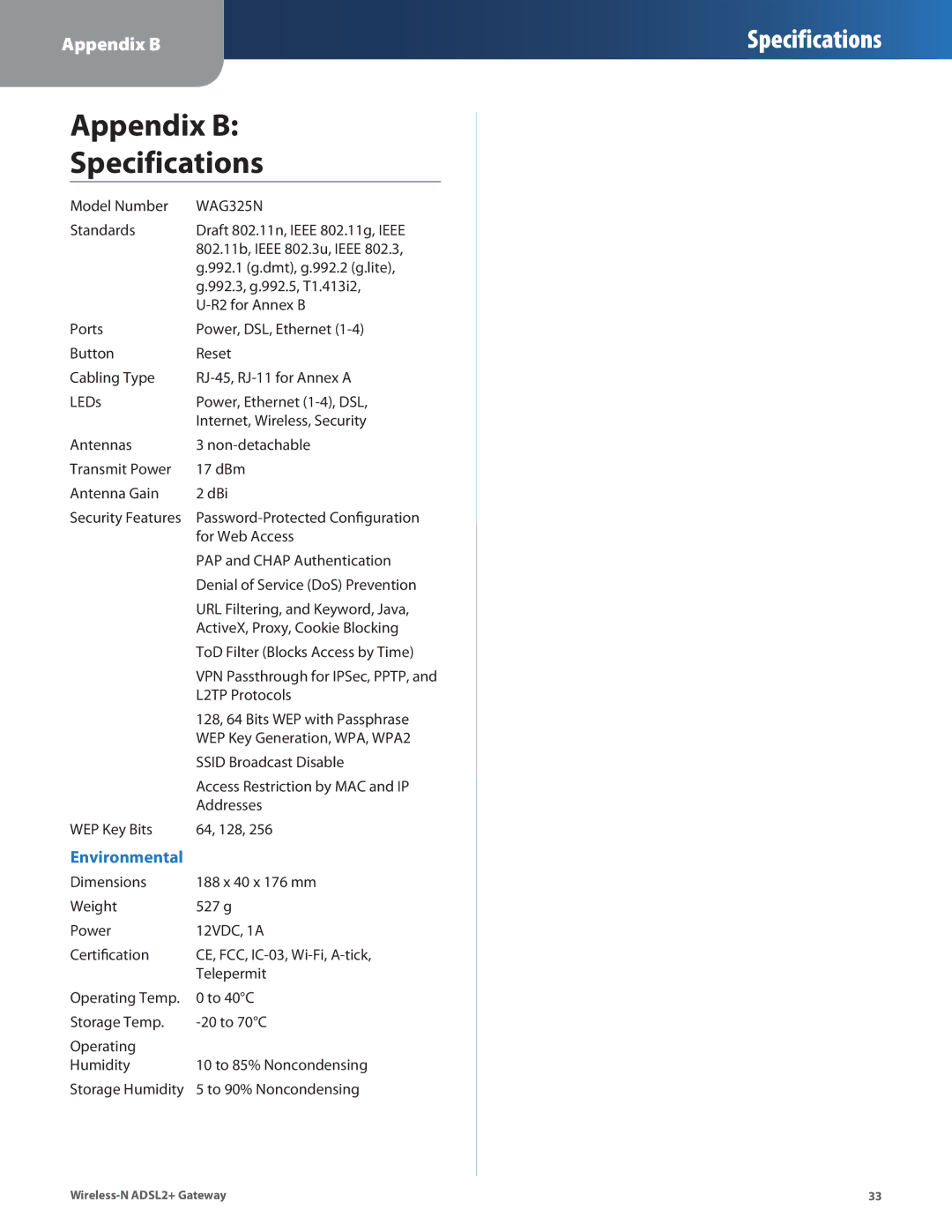 Linksys WAG325N manual Appendix B Specifications 