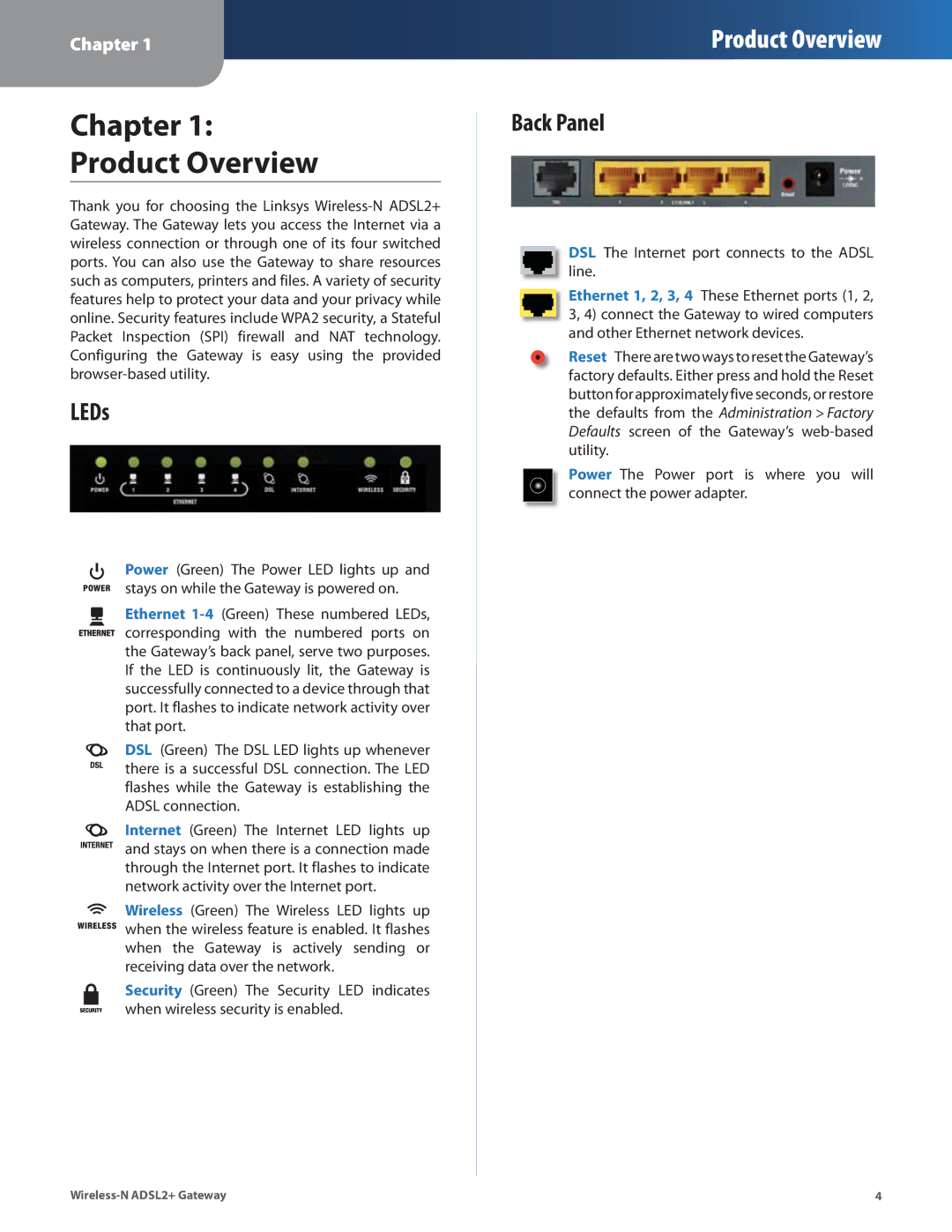 Linksys WAG325N manual Chapter Product Overview, LEDs, Back Panel 