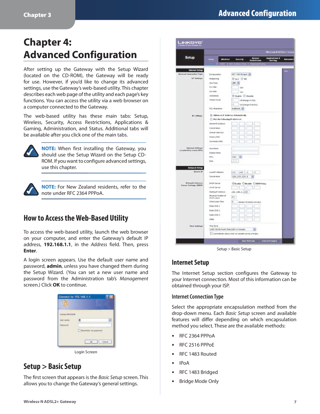 Linksys WAG325N Chapter Advanced Configuration, How to Access the Web-Based Utility, Setup Basic Setup, Internet Setup 