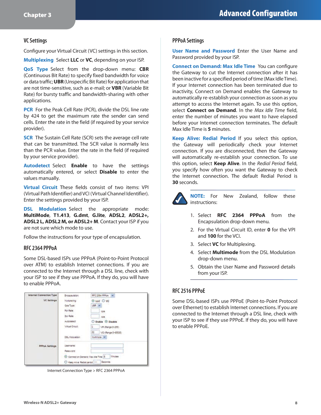 Linksys WAG325N manual VC Settings, RFC 2364 PPPoA, PPPoA Settings, RFC 2516 PPPoE 