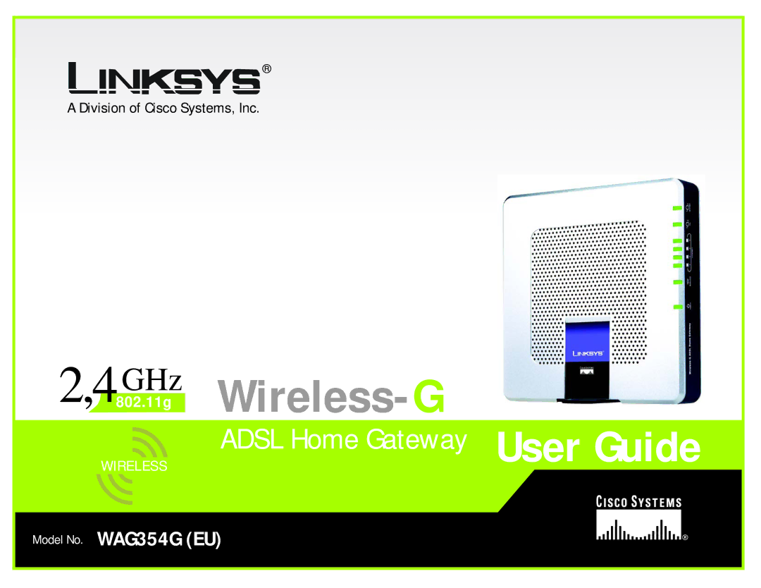 Linksys WAG354G(EU) manual GHz .11g Wireless- G 